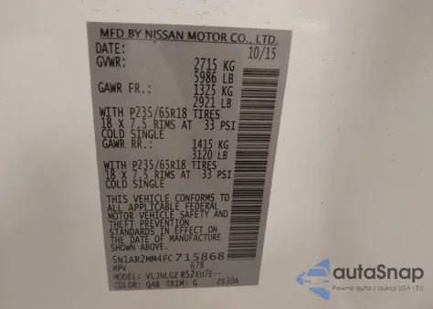 2015 Nissan Pathfinder Sl from USA, damaged, VIN 5N1AR2MM4FC715868